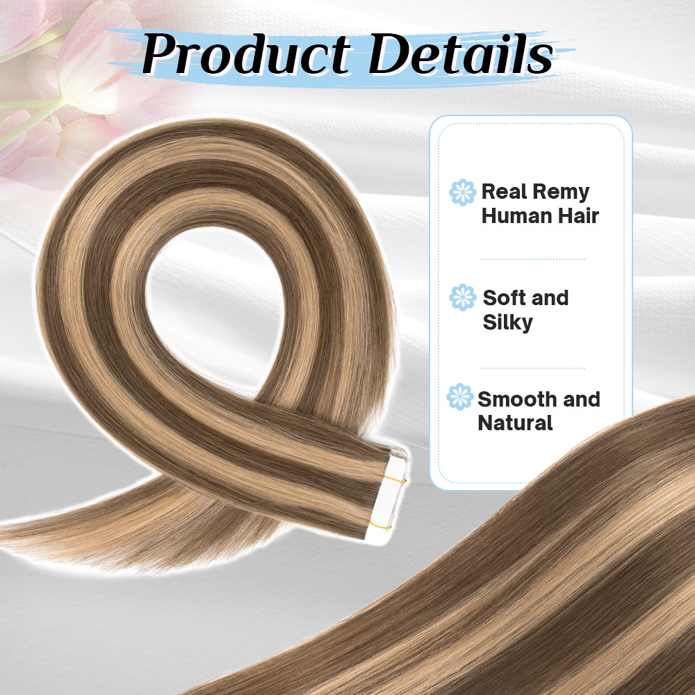 80PCS 200G Tape In Human 100% Remy Hair Extensions Skin Weft Highlight Full Head