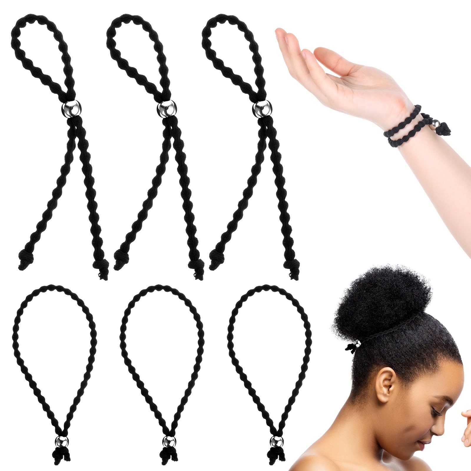 6 Pcs Adjustable Length Hair Ties for Thick Hair Afro Puff Black Women Girls,…