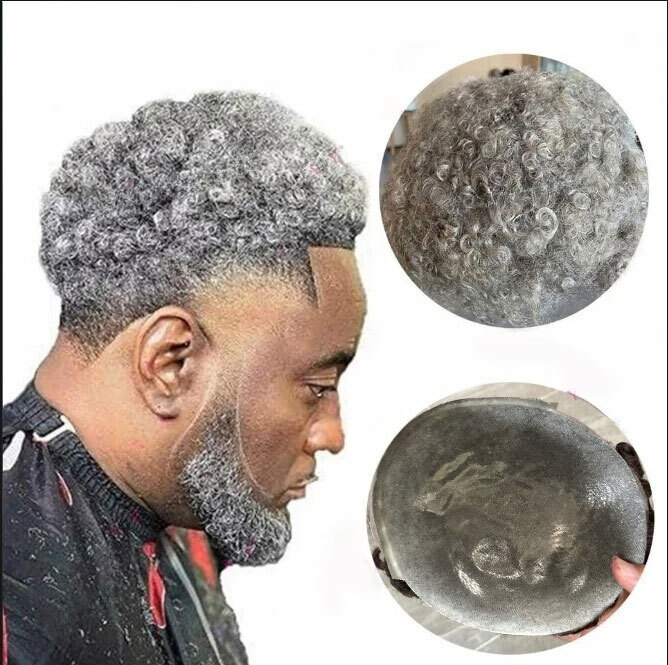 6mm Gray Curly Human Hair Toupee Hairpiece Replacement Knotted Skin Base