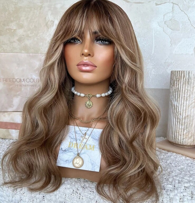 Ombre Highlights Loose Wave Wig with Bangs 100% Human Hair Wig Lace Front Wig