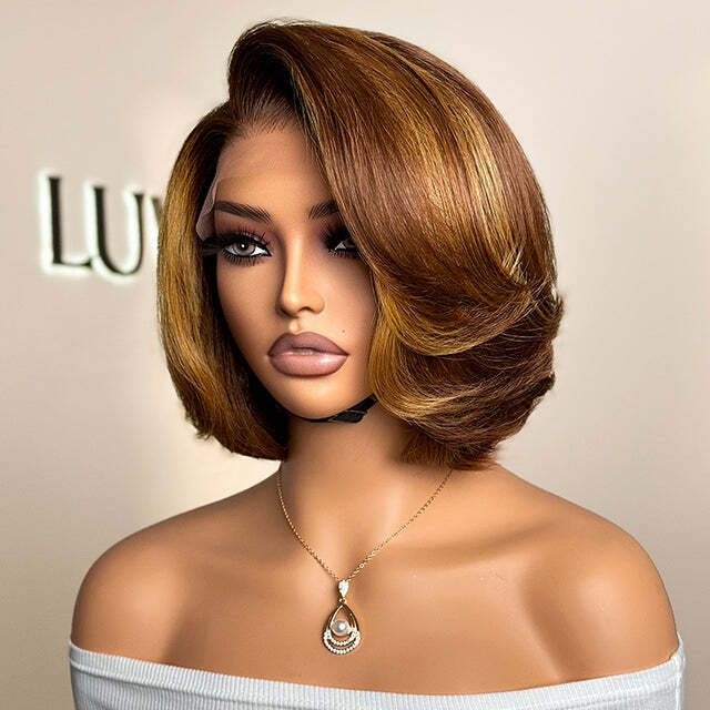 Short Layered Cut Bob Wig 13×4 Lace Front Human Hair Wigs Brown Blonde Highlight