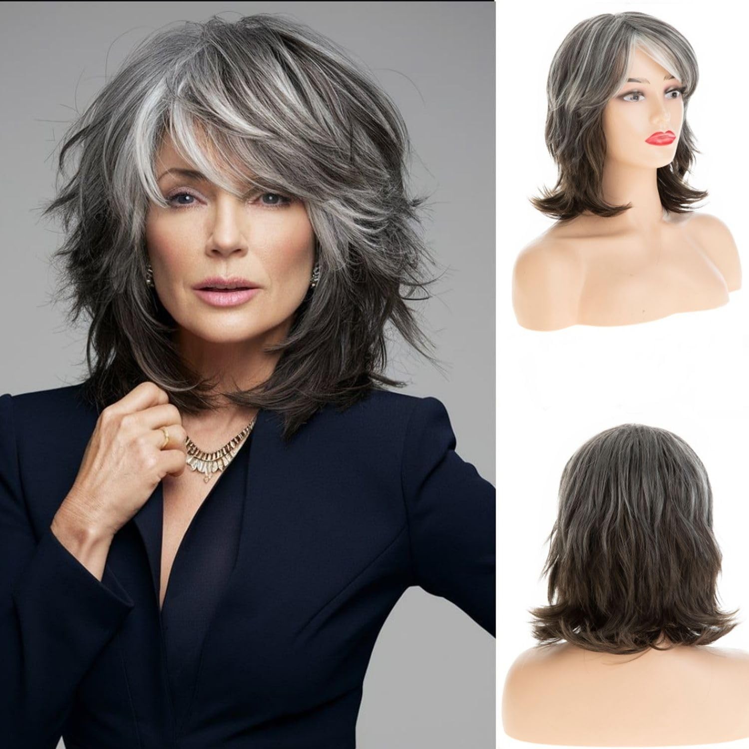 Silver Gray Layered Mid – Length Wig for Women Curly Fluffy Wig with Bangs Sy…