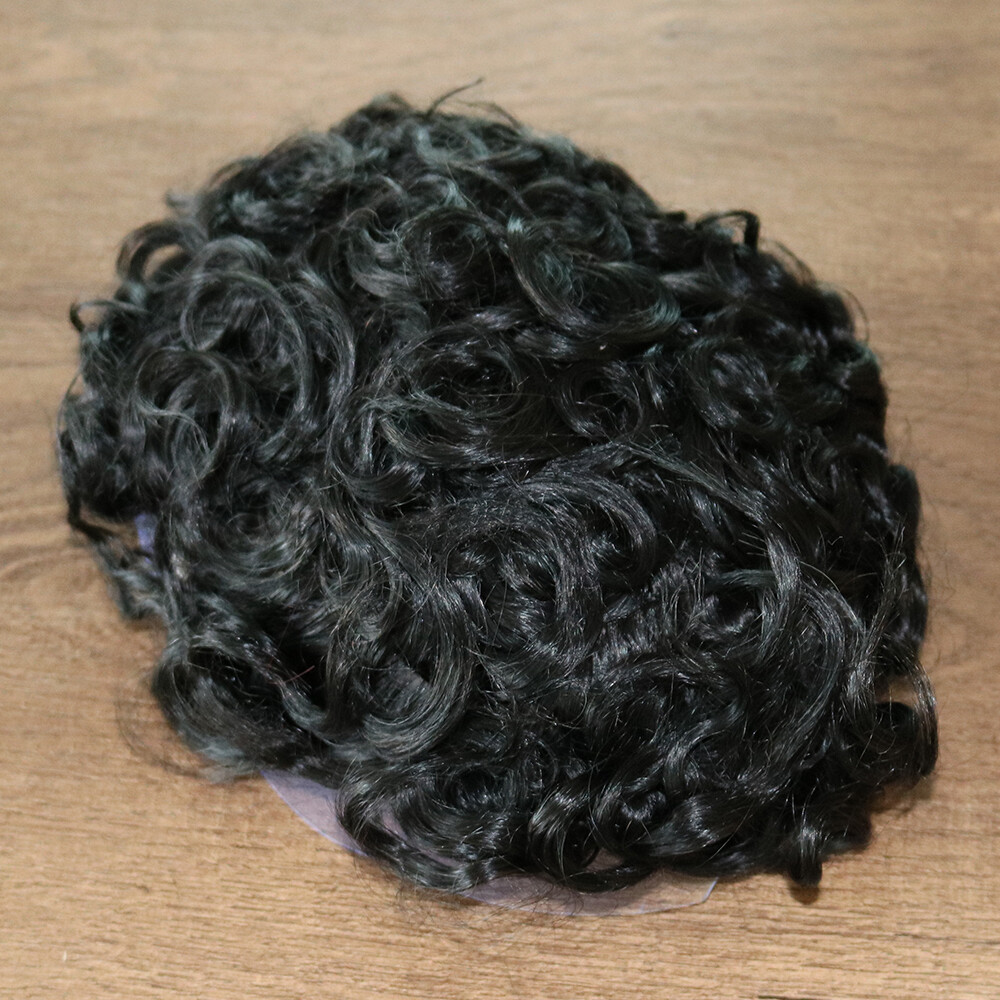 Indian Remy Human Hair 20mm Curl Toupee Skin Base 10×8 inch Hairpieces Men Wig