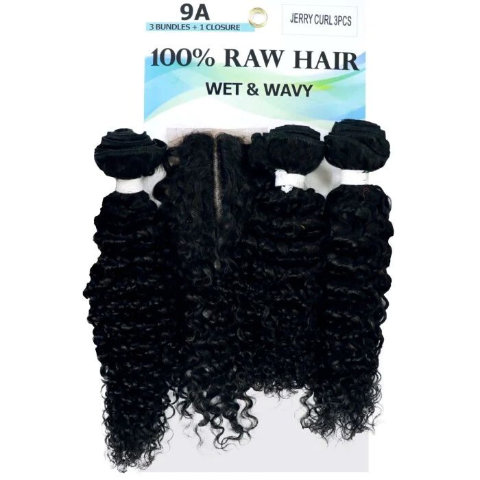 Raw Hair 9A -Unprocessed Human Hair WetWavy 3Pcs Jerry Curl 10,12,14 Natural Blk