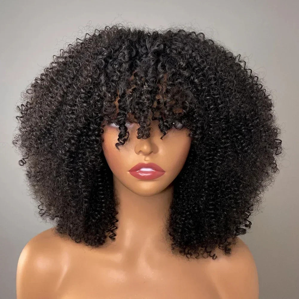 Afro Kinky Curly Wig with Bangs Human Hair 200% Density Short Wig