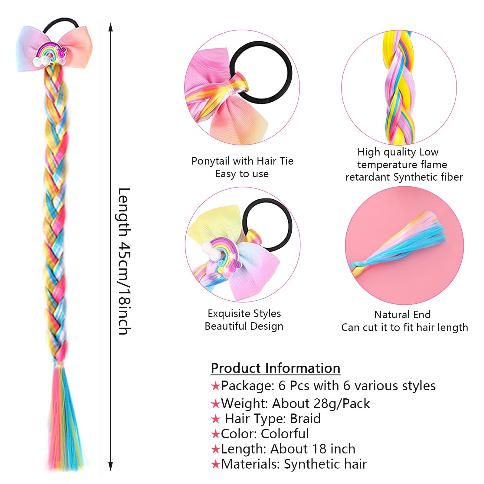 6Pcs Girls Colored 6 Count (Pack of 1), Kids Ponytail Extension Mix Color