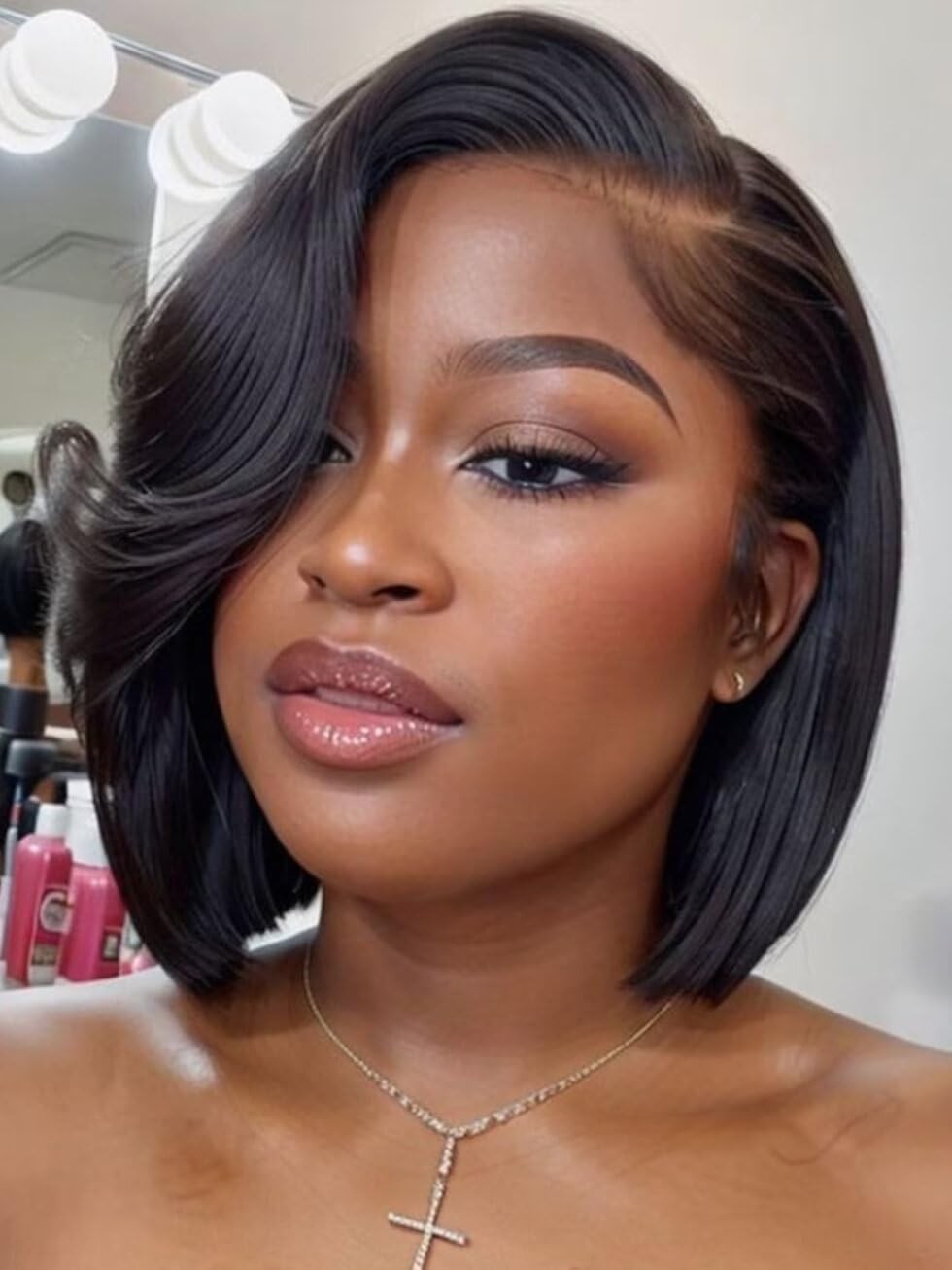 12 inches Short Bob Wig human Hair with Blow Out Bangs 4X4 Lace Glueless Wigs…