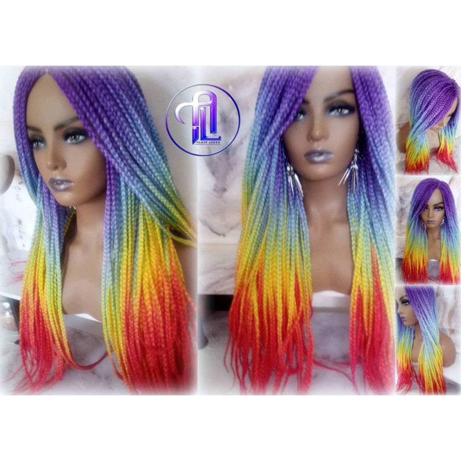 Rainbow Mermaid Purple Blue Yellow Orange Wig Box Braids hair Lace Part Pride