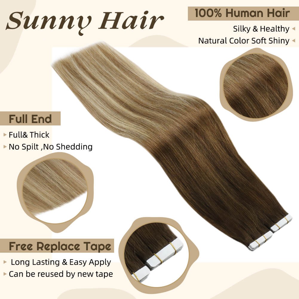 Sunny Hair TAPE-IN 20in Brown/Blonde Straight Human Hair Extensions TP_SUN 50G