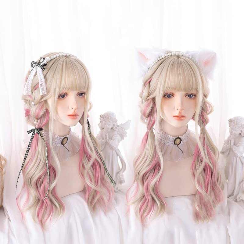 Gold Ear-dyeing Pink Lolita Wig Japanese Harajuku Cute Daily Long Curls Hair …