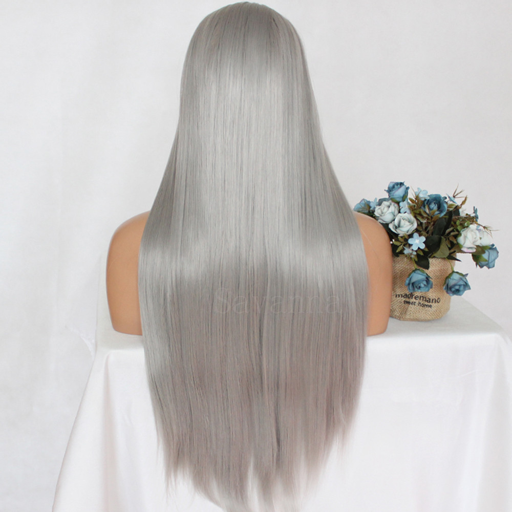 Gray Lace Front Wig Long Silky Straight Heat Resistant Synthetic Hair Women Wigs