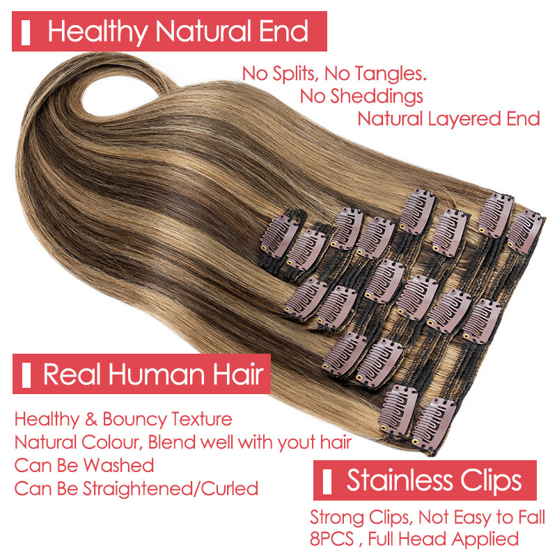Double Weft Thick Clip In Wavy Full Head Real Remy Human Hair Extensions Blonde