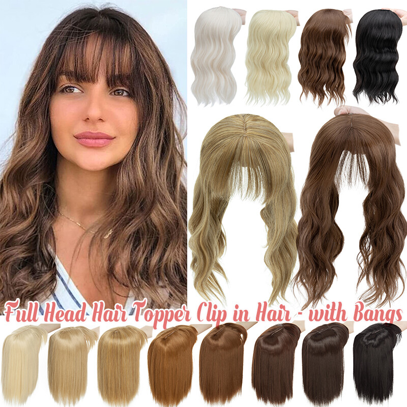 Natural AS Human Hair Topper Toupee Hairpiece Silk Base Wigs with Bangs Wave US