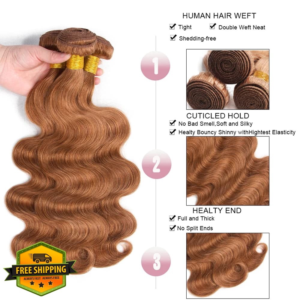 Poirewsa 12 14 16 Inch #30 Light Brown Body Wave Bundles