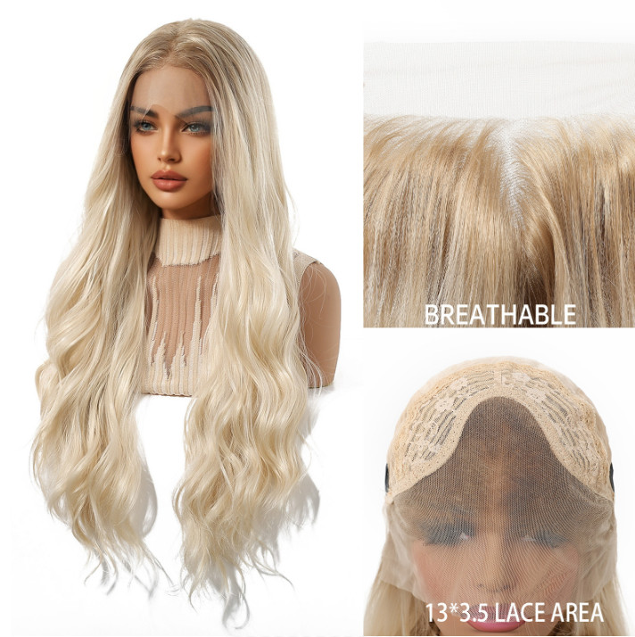 Long Wavy Rooted Pale Blonde Mix Lace Front Synthetic Hair Heat Ok Wigs
