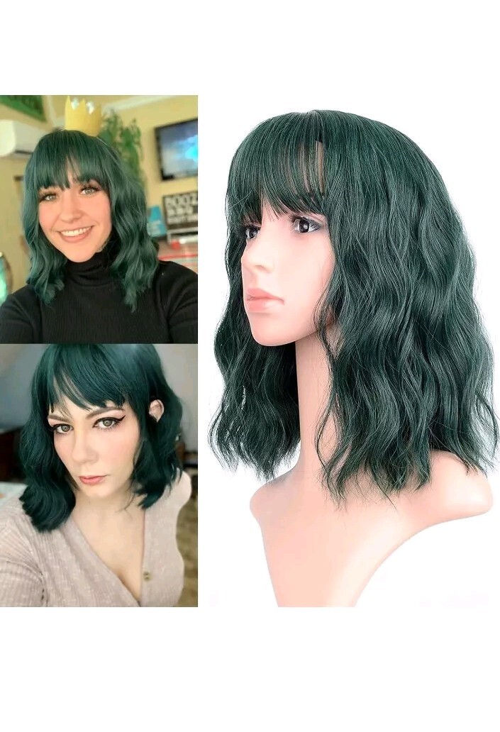 Faelbaty Fashion Wig Wavy Dark Green With Dark Blue /Light Purple Clip Ends New