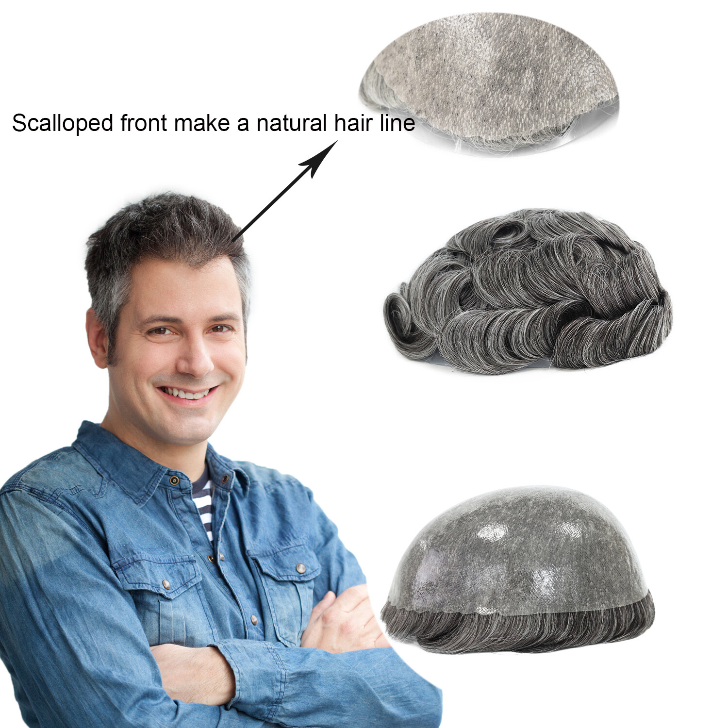 Mens Toupee Human Hair Skin Replecement System Medium 130% Hairpieces Fedex 8X10
