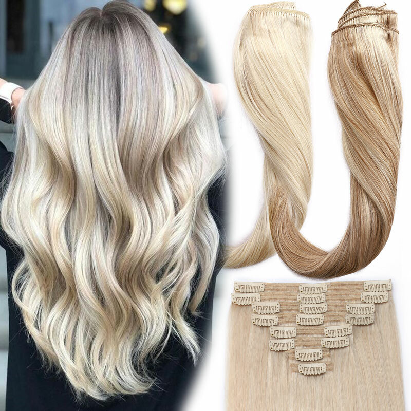 170G Double Weft Thick Clip in 100% Remy Human Hair Extensions Full Head Platin