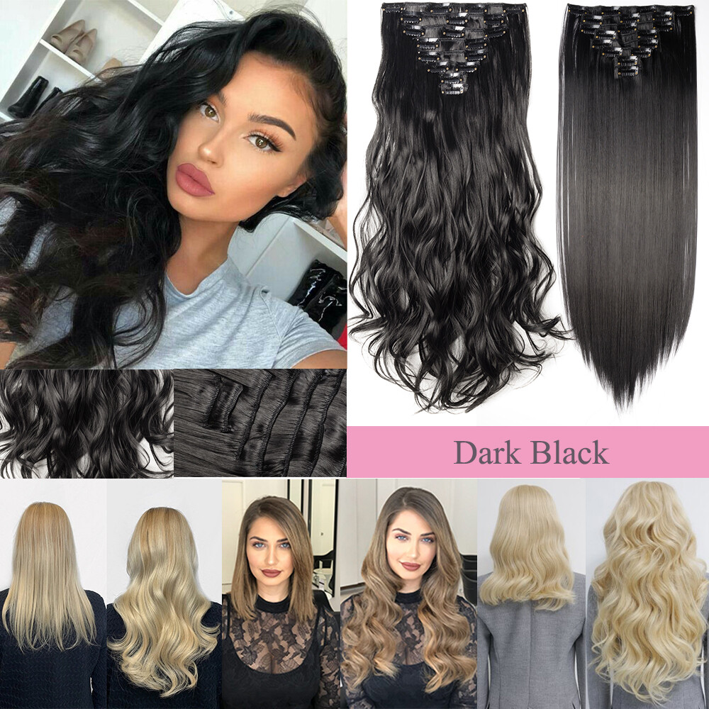 Clip In Real Like Human Long Wavy Curly Straight Synthetic 8 PCS Hair Extensions