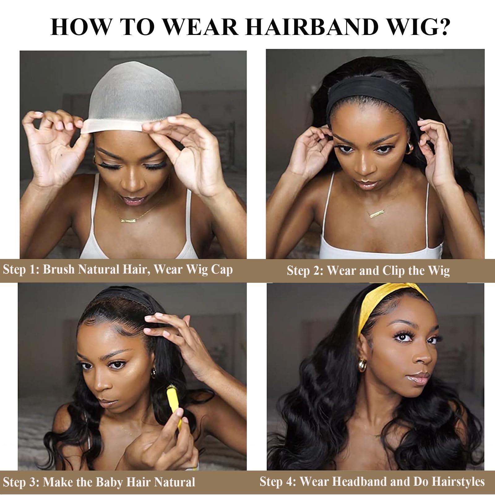 Glueless Headband Wig Long Black Body Wave Headband Wigs for Black Women Synt…