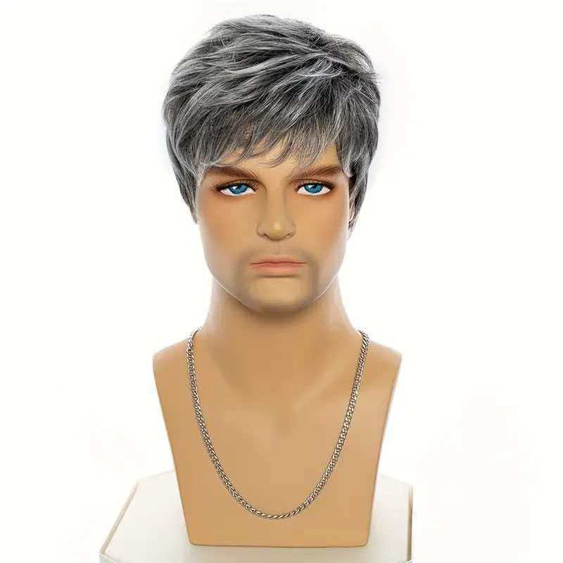 Men’s 6in Short Silver Gray Wig Full Cosplay Party Heat Resistant Synthetic
