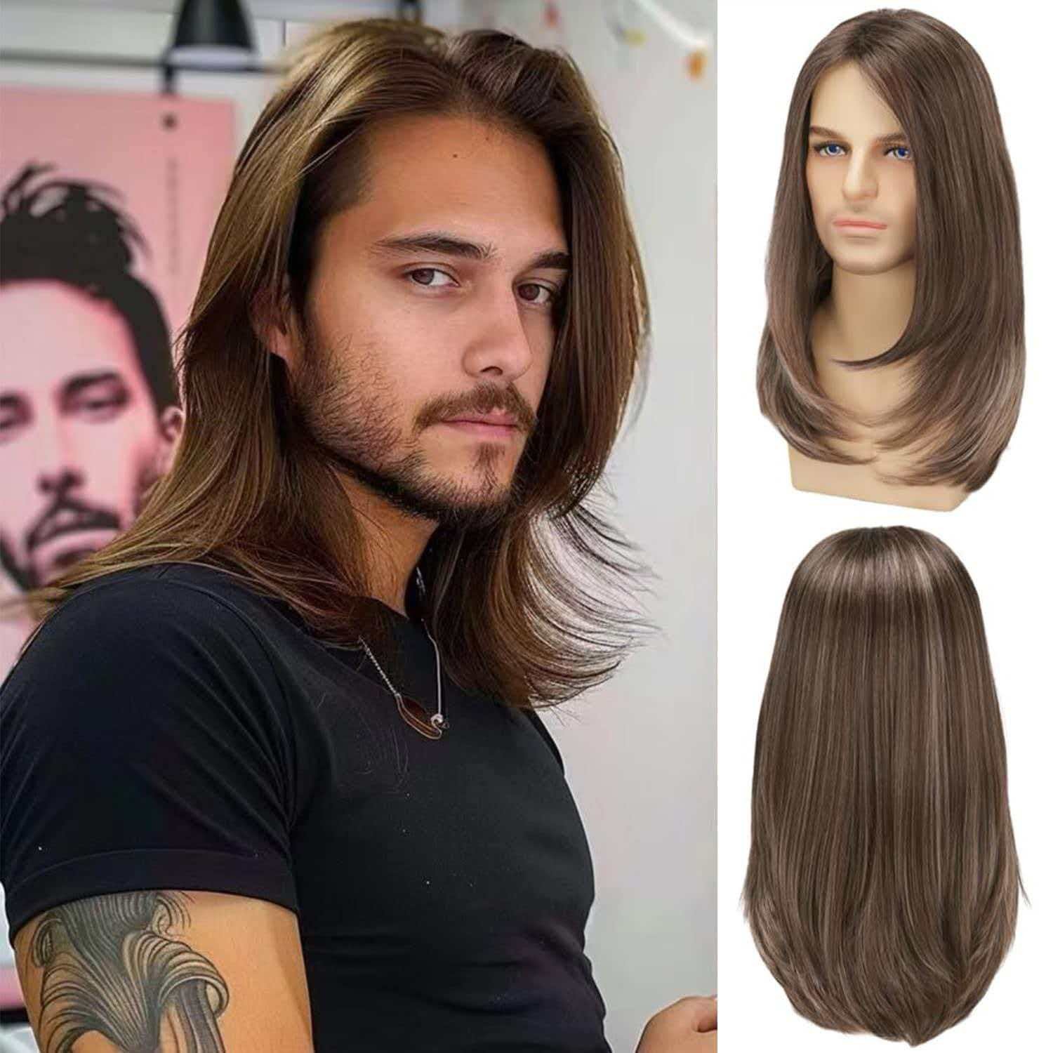 Men’s 20in Natural Brown Long Full Wig Cosplay Heat Resistant Synthetic Party