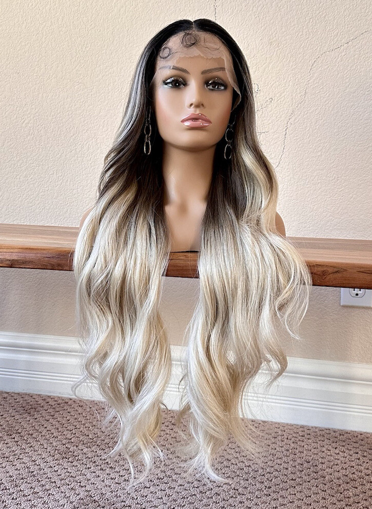 Golden Ash Blonde Wig Ombré Black Lace Front Middle Part Heat Ok