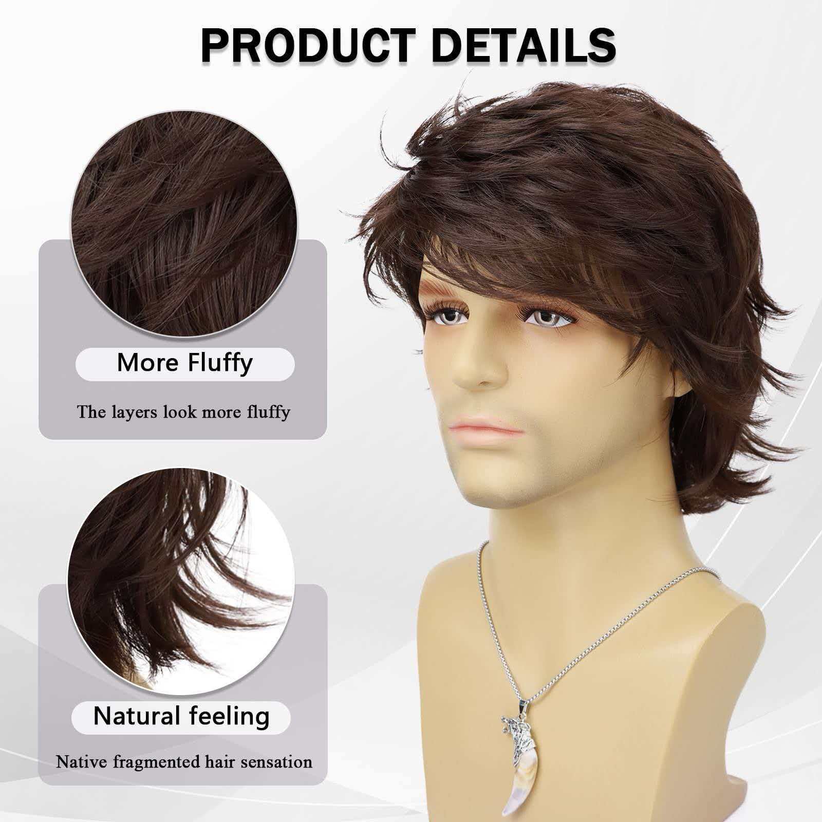 Men’s Short Brown Wavy Wig 8in Full Cosplay Heat Resistant Synthetic Party Daily