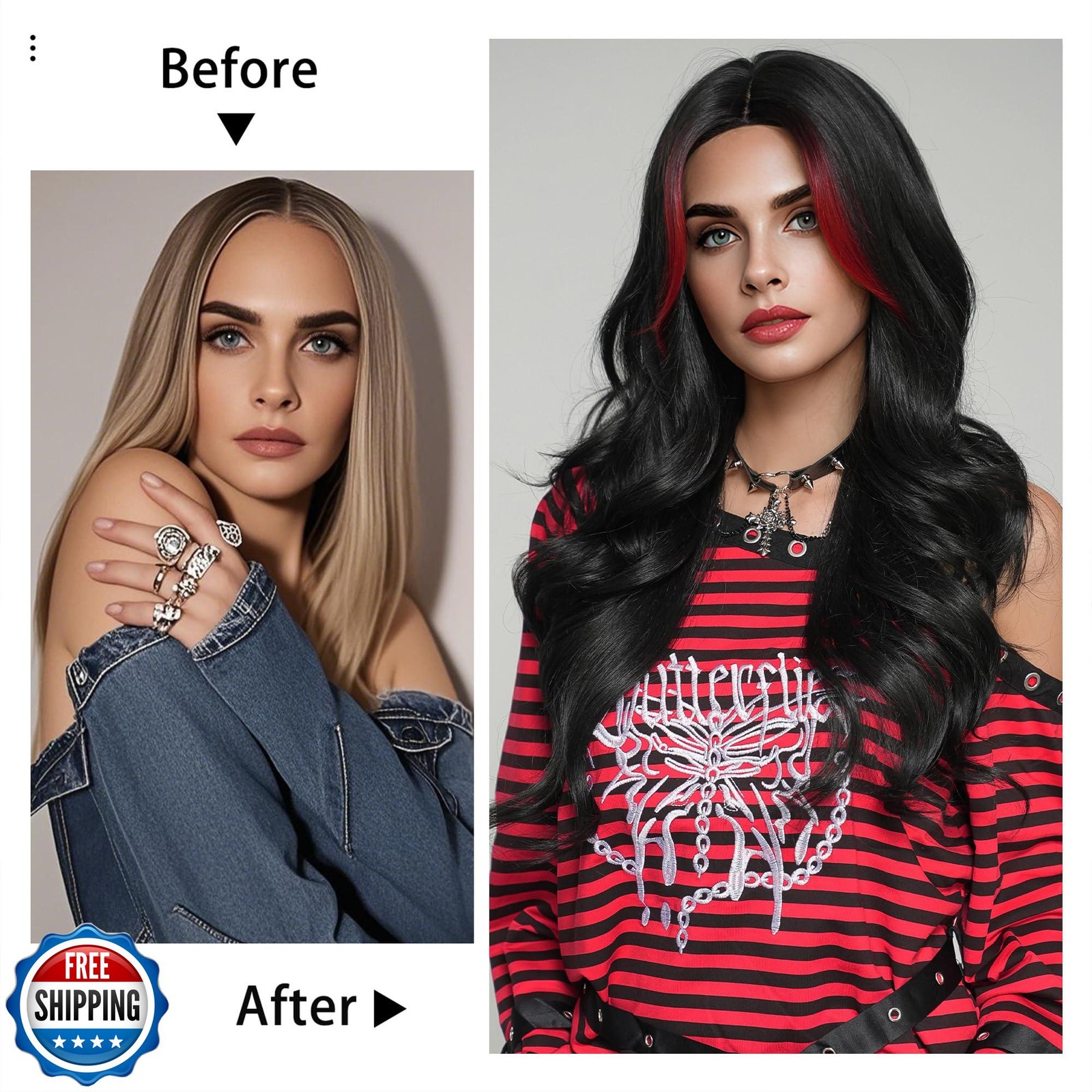 TRUMOST Red and Black Wig For Women Highlight Long Wavy Wig with Curtain Bang