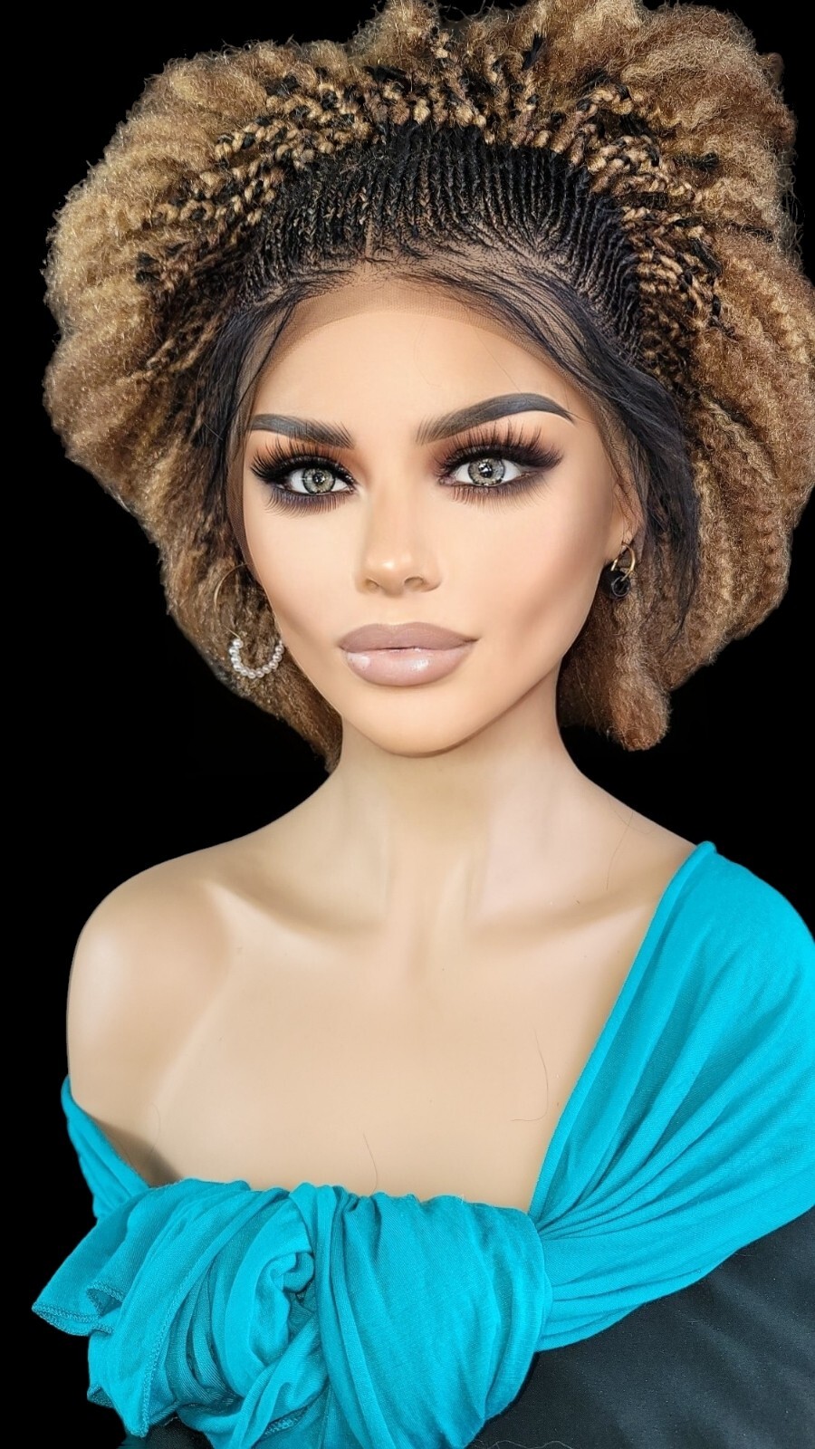 Braided Wig Short Afro Kinky Curly Auburn Brown Lace Front Glueless Baby Hair 6″