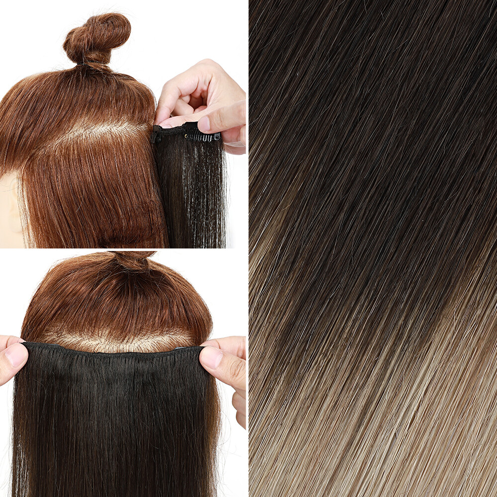 100% Human Hair Clip In Remy Hair Extensions Real Soft FULL HEAD Invisible Grey#