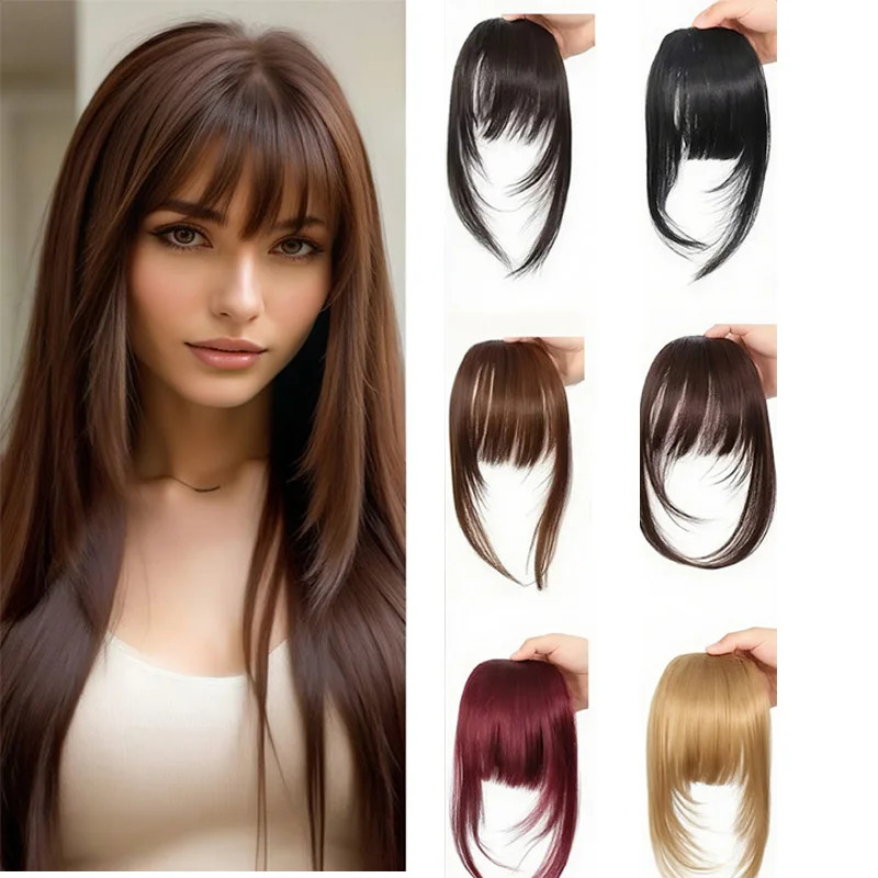 Synthetic Hair Clip-In Bangs Wispy Fringe with Sideburns Dark Brown Natural Look