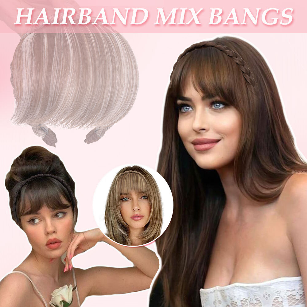 Clip In Bangs Hairpiece Wispy Fringe Headband with Temples Topper Curved Bangs