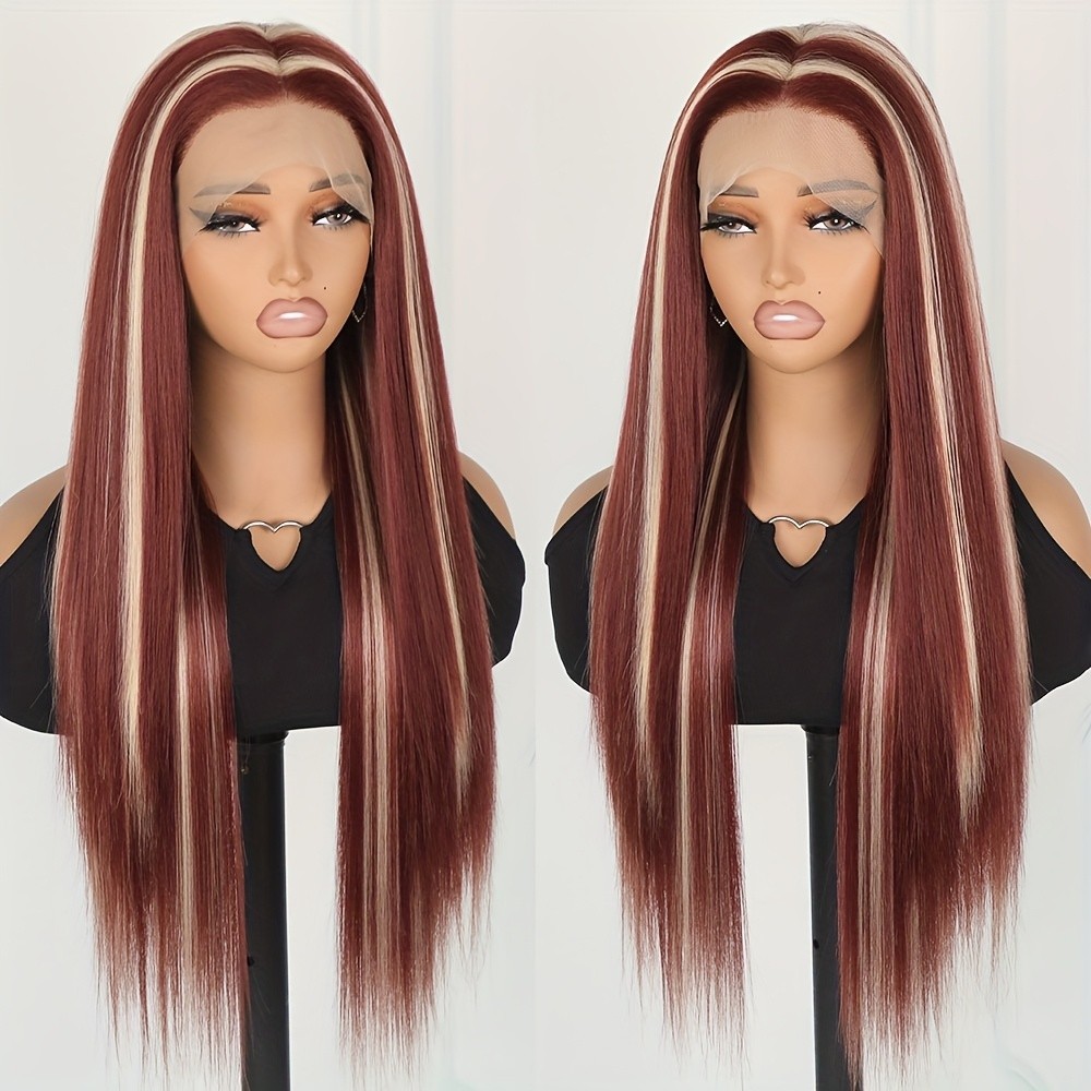 Blonde Highlights Ombre Reddish Brown Mixed Color Lace Front Wig Daily Party Use