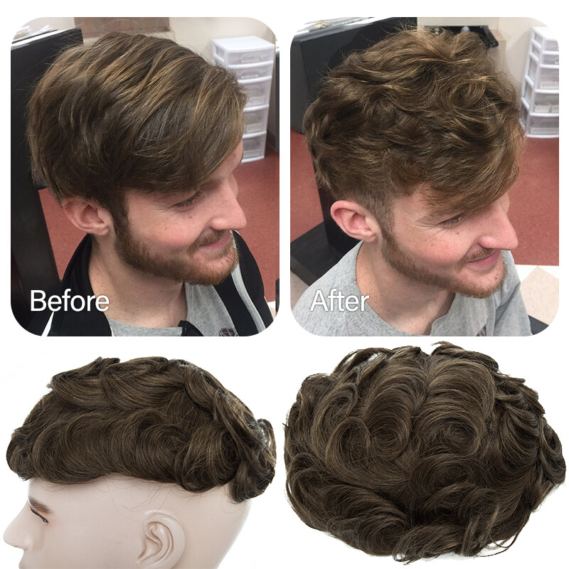 Mens Toupee Thin Skin PU/MONO Real Remy Human Hair Piece Toupee Replacement Wig
