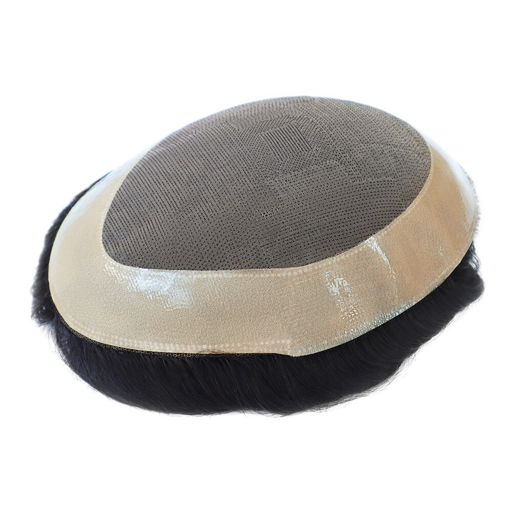 Mens Human Hair Fine Mono Replacement System Hairpiec Poly Skin Toupee 8×11