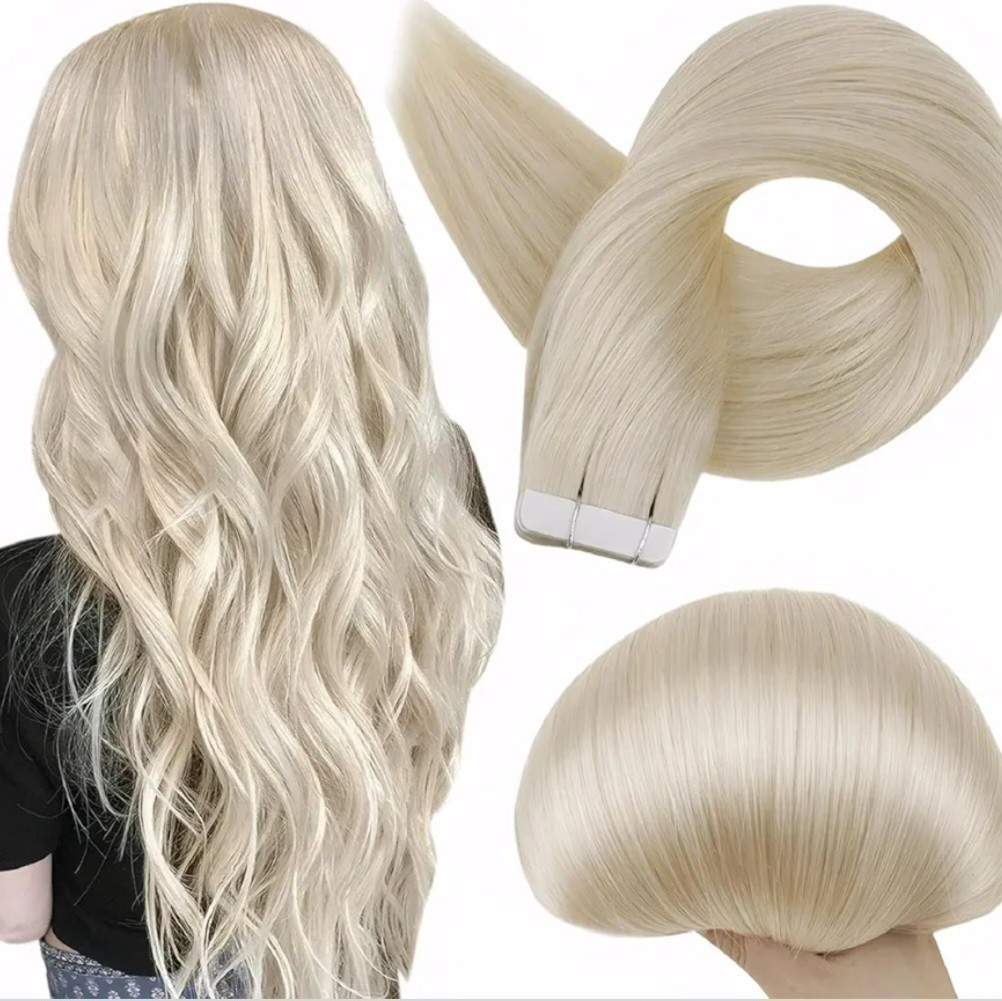 Full Shine 16″Tape Hair Extensions Platinum Blonde Color 60 Brazilian Remy 20pc