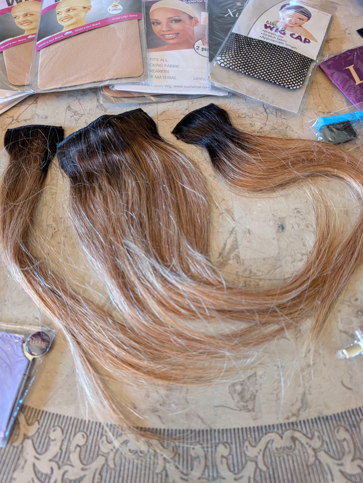 LUVME Assorted Accessories With 3 12″ Human Hair Clip In Extensions, Net Caps