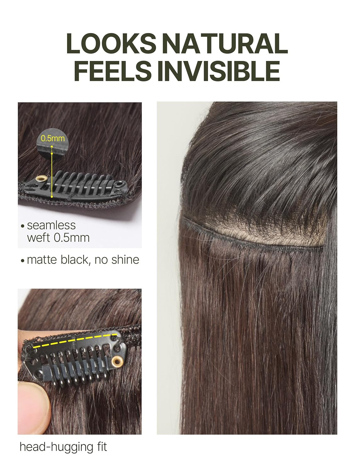 18″ Dark Brown Clip-In Human Hair Extensions, 7 Pieces, 110G