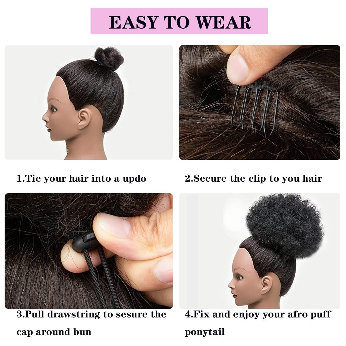HEVAYO KISS Afro Puff Drawstring 8 Inch(Pack of 1), #1B Natural Black