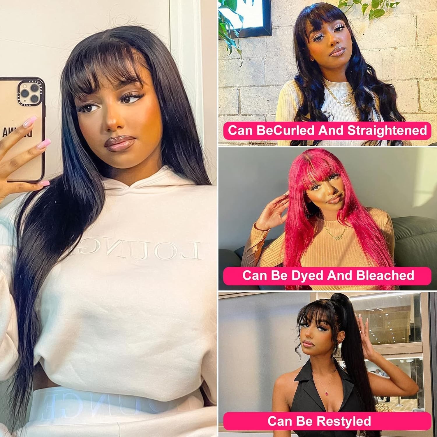 Human Hair Wig with Bangs Straight Wigs for Black Women None Lace Front Wig