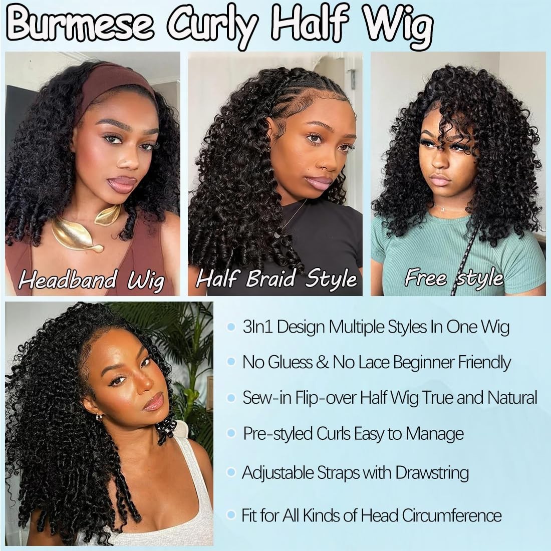 Burmese Curly Half Wig 200% Density 3-in-1 Drawstring No Glue Easy Install 24