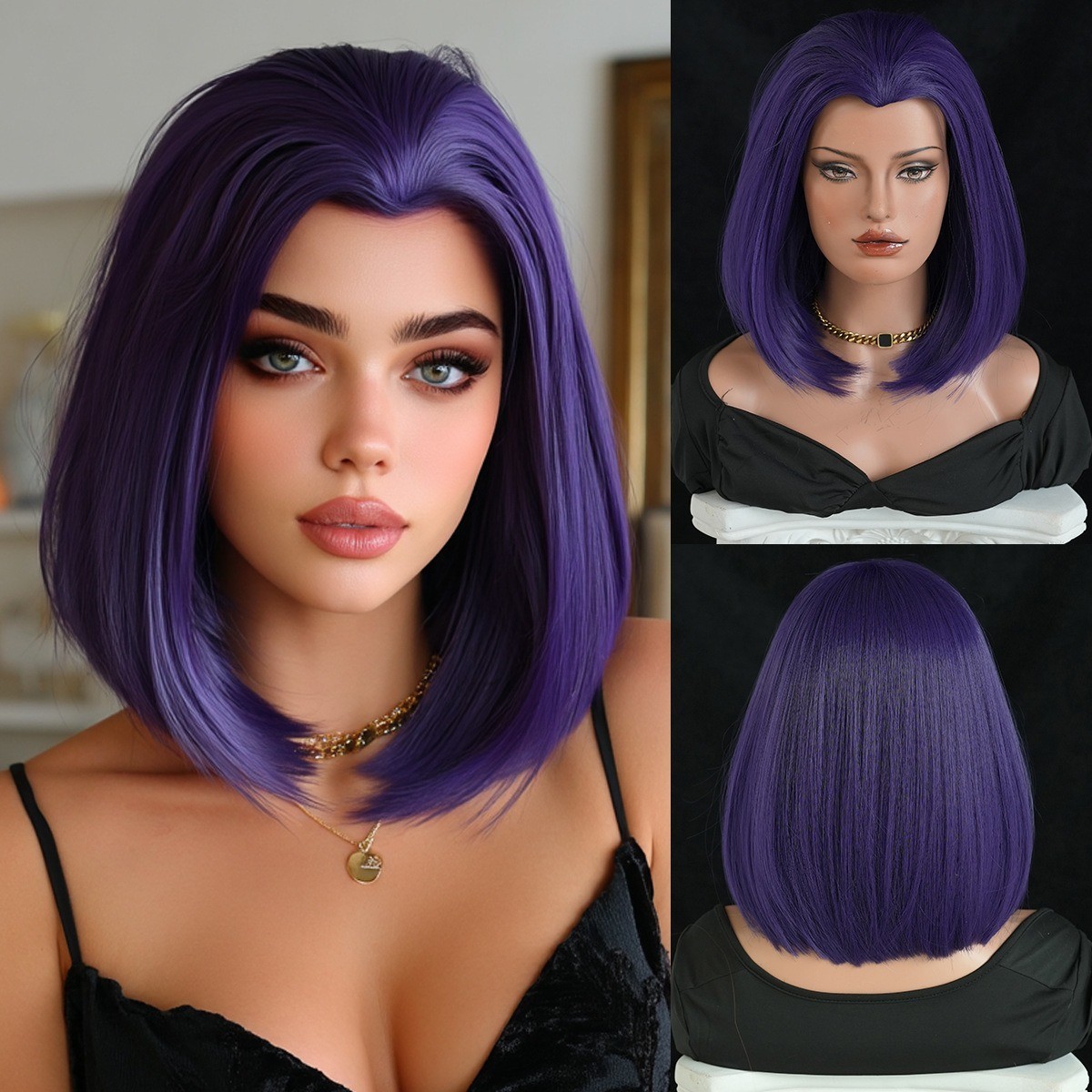 Wig girl with purple short straight hair wearing dark magic girl outfit with wig