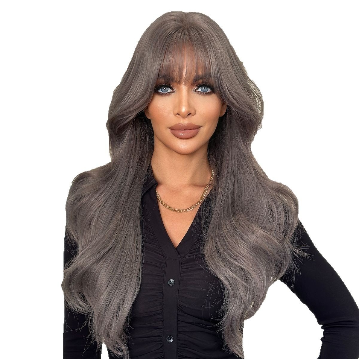 Grayish-purple long wavy hair with fringe-style bangs artificial hair natural