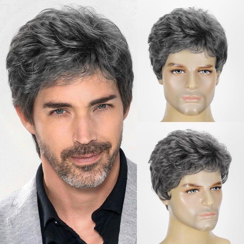Men Black Grey Wig Gray Layered Short Beanie Hairpiece Universal Cosplay Wigs AU