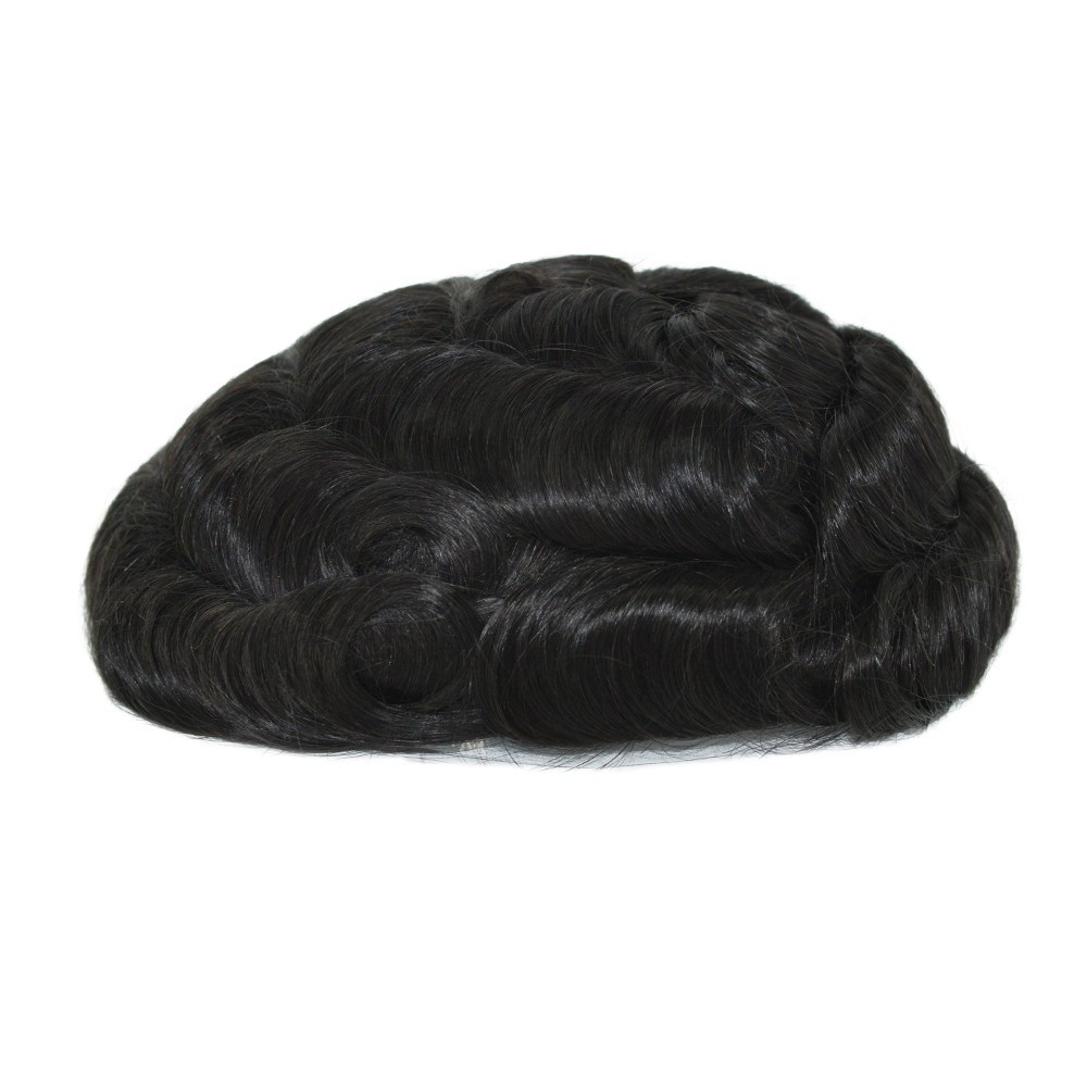 Toupee for Men Fine Mono Hair System Poly Skin Natural Black Hairpieces 7X9#1C