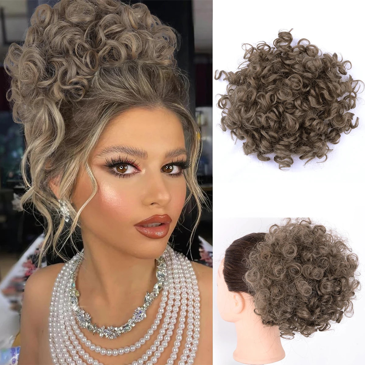 Ombre Blonde Large Curly Synthetic Messy Hair Bun Elastic Drawstring Ponytail