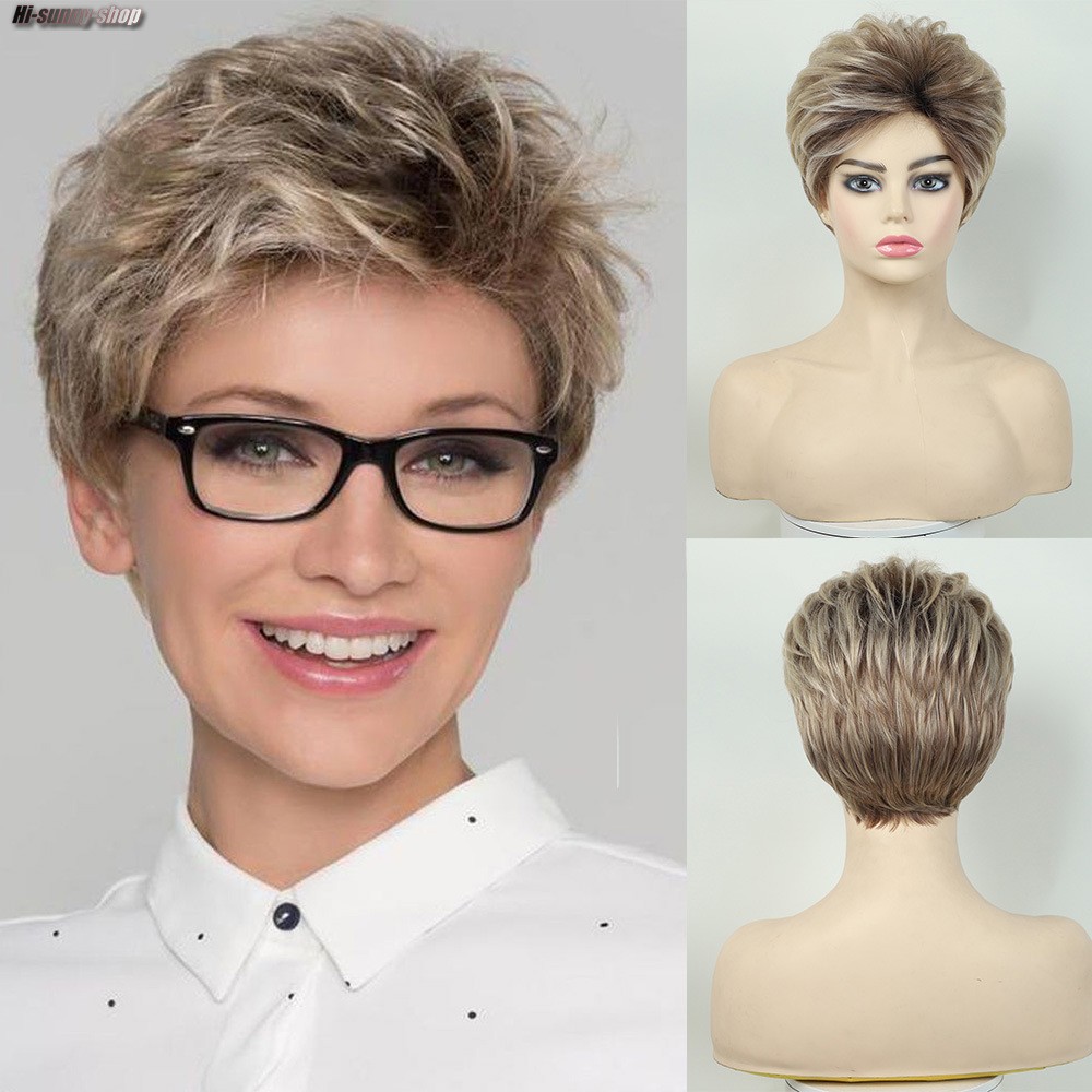 Short Layered Hairstyle Rooted Blonde Mix Synthetic Hair Wigs Women Soft Natural