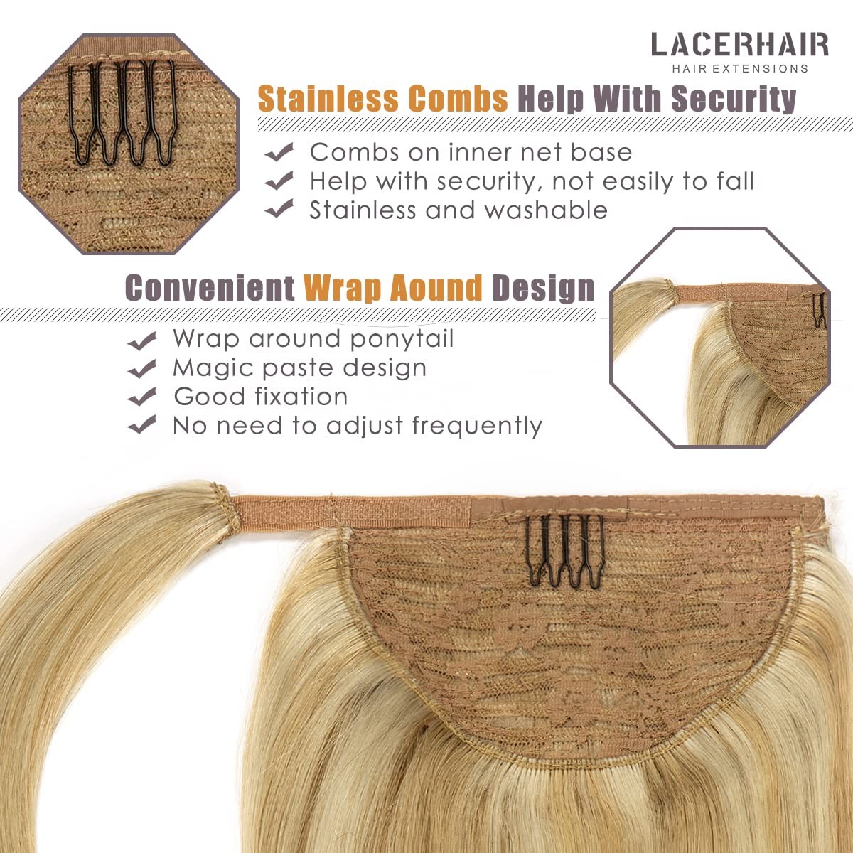 Lacer Hair Extensions Ponytail 100 Remy Human Hair Extensions Long Straight