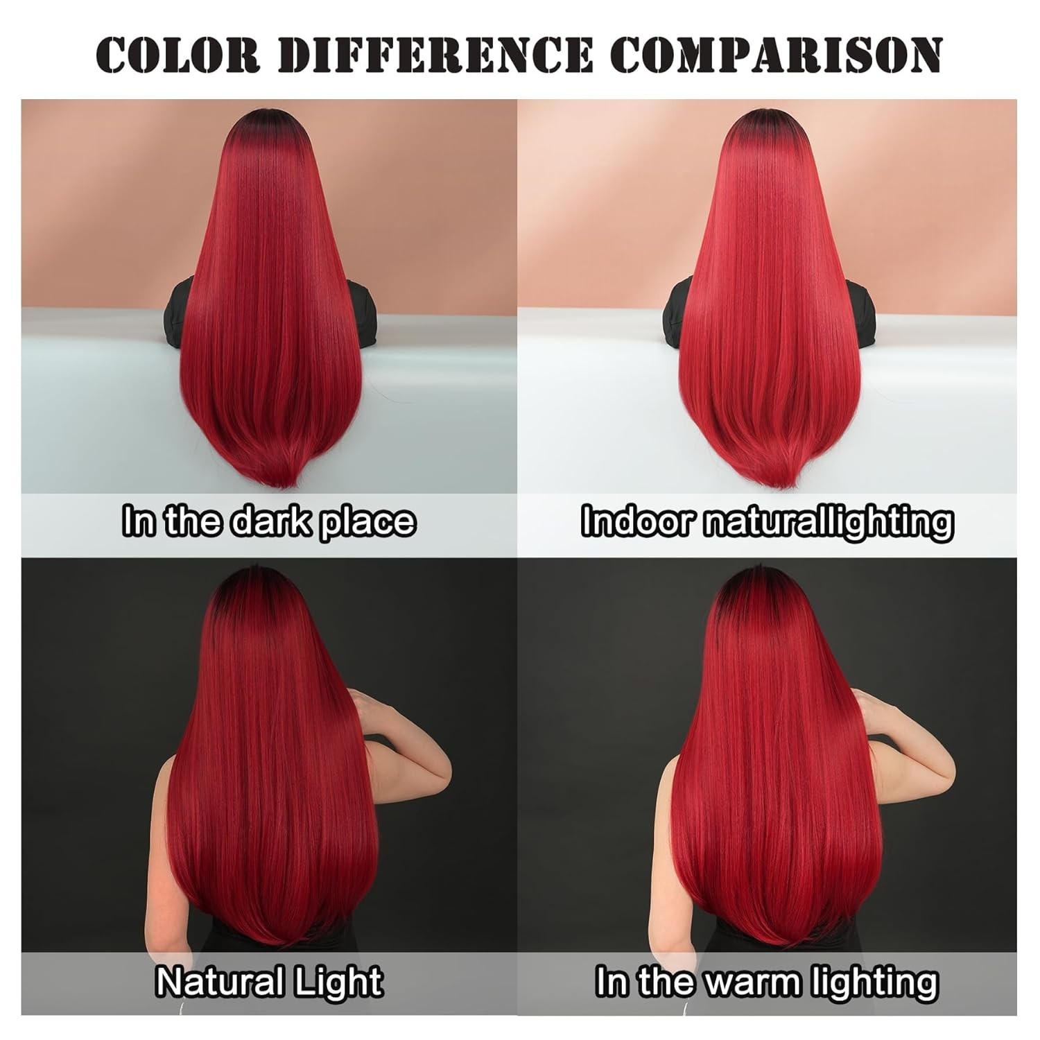 7JHH WIGS Long Straight Dark Red Wig with Bangs 28in Red Wig with Black Roots